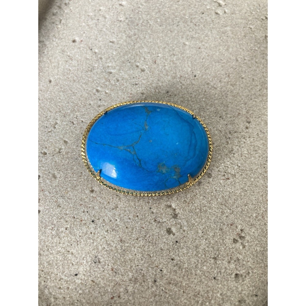 Blue Faux Turquoise Oval Brooch Pin Gold Tone Cabochon Victorian Revival Large